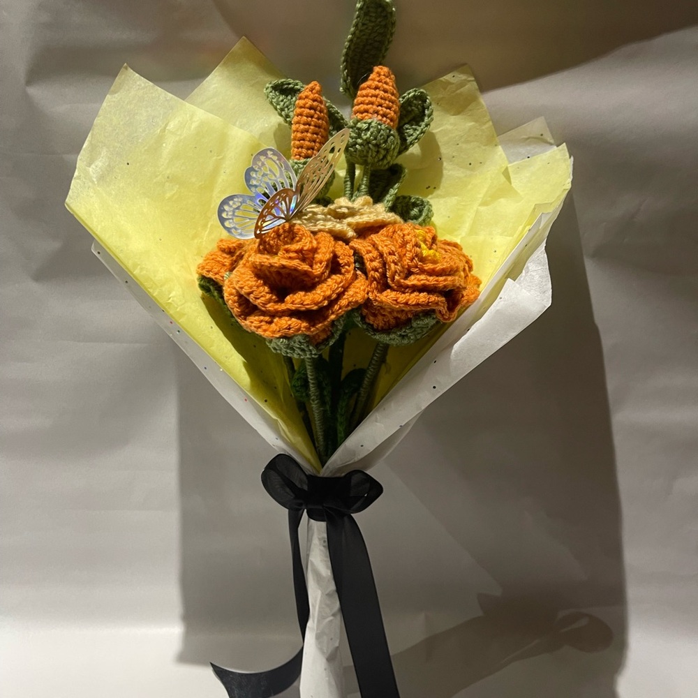 Handcrafted Orange Crochet Flower Bouquet - Picture 2 of 2